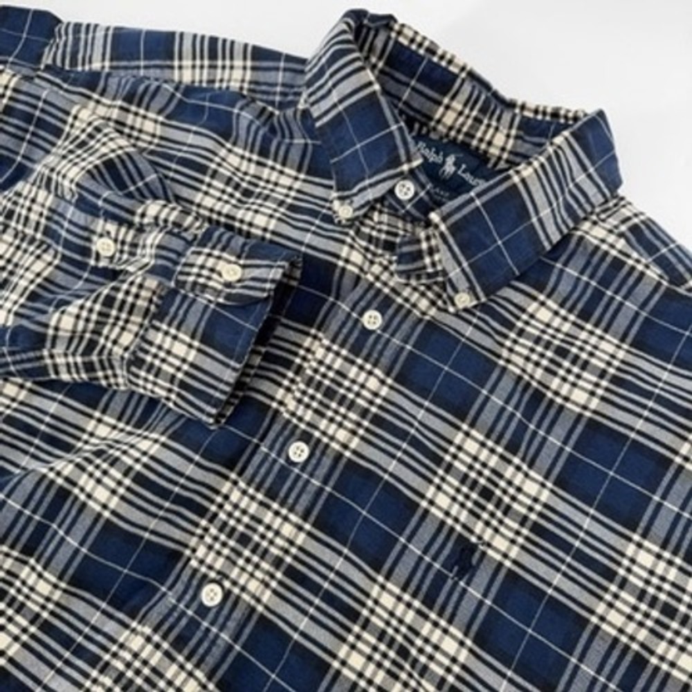 Ralph Lauren Blake Mens XL Navy Blue Plaid‎ Button Down Cotton Shirt Long Sleeve